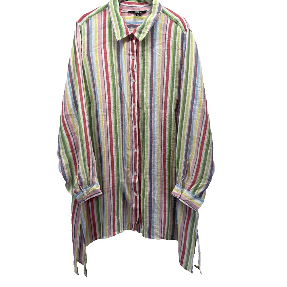 Zac & Rachel Women's Tunic Top 2X Rainbow Button Up Long Sleeves Side Slits Boho